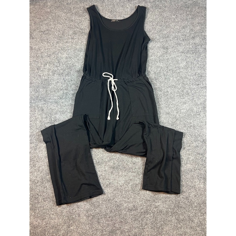 Womens Black Sleeveless Tank Jumpsuit Drawstring Waist Rayon Poly